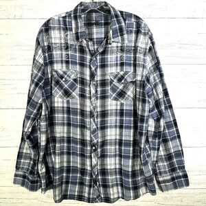 Ely 1878 Embroidered Pearl Snap Western Shirt Blue White Plaid